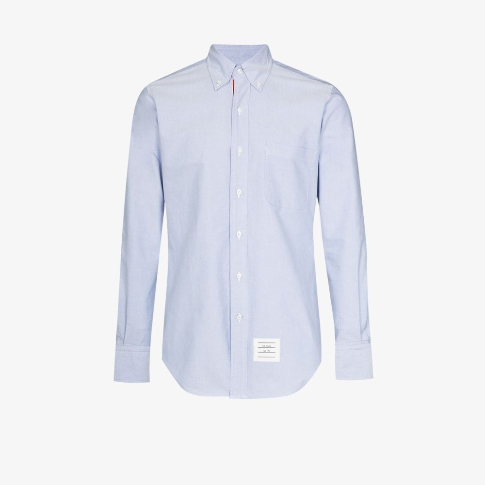 Thom Browne Slogan Patch Poplin Shirt In Blue