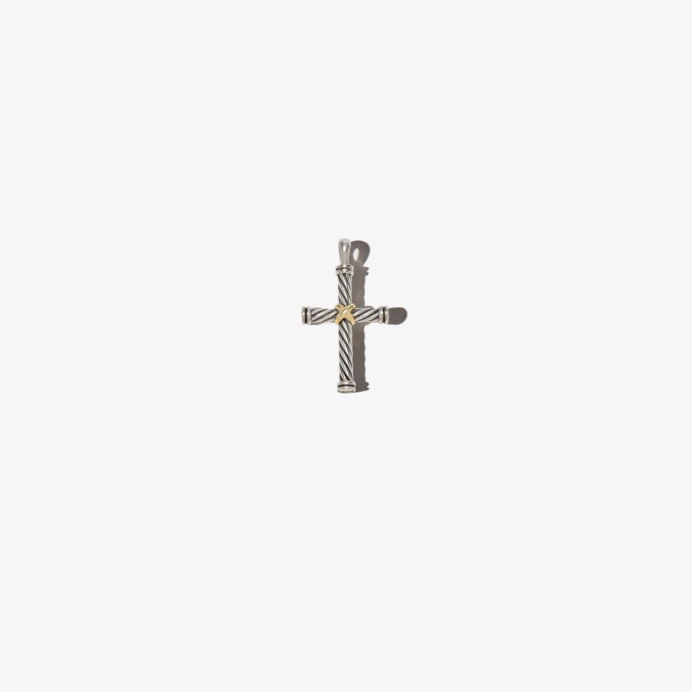 David Yurman Silver And 18kt Yellow Gold Cable Cross Enhancer Pendant In S8