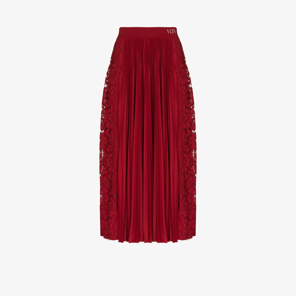 Valentino Red Pleated Lace-trimmed Jersey Midi Skirt In Red