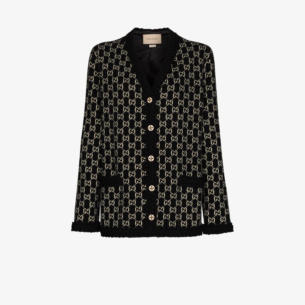 Gucci Black Metallic Monogram Intarsia Cardigan In Black