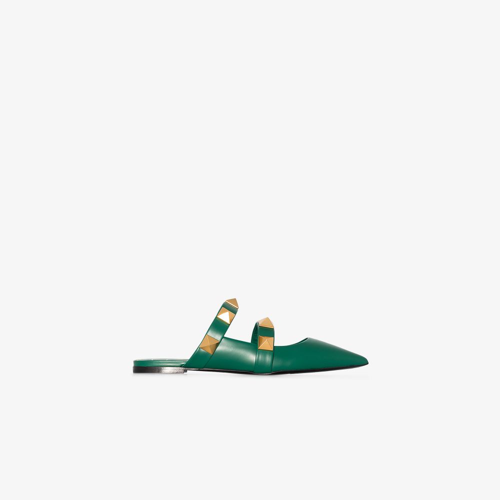 Valentino Roman Stud Two-strap Leather Mules In Green