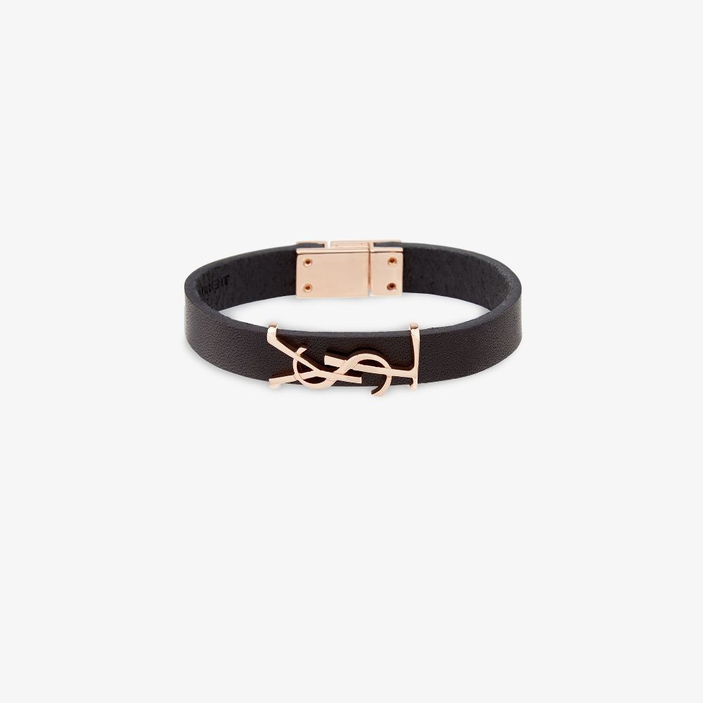 Shop Saint Laurent Black Opyum Leather Bracelet In Blue