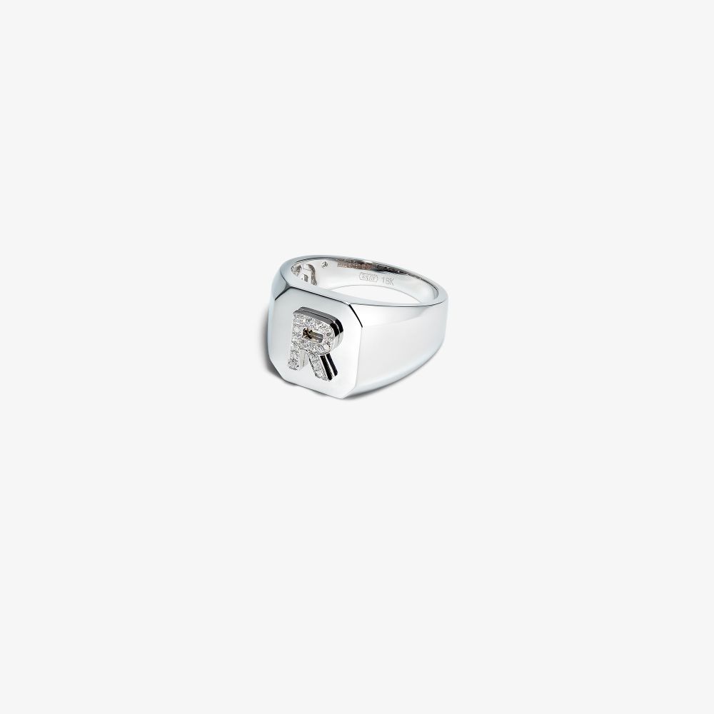 Shay 18k White Gold R Initial Diamond Ring In Silver