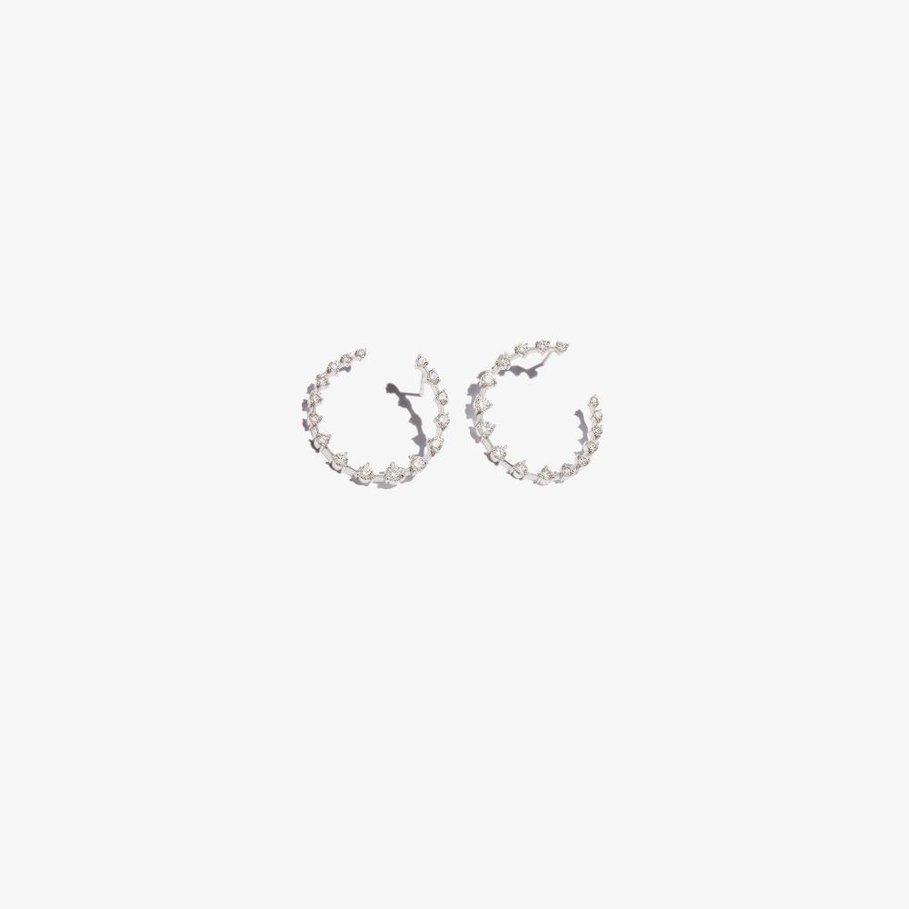 Jade Trau 18k White Gold Crescent Diamond Hoop Earrings In Silver