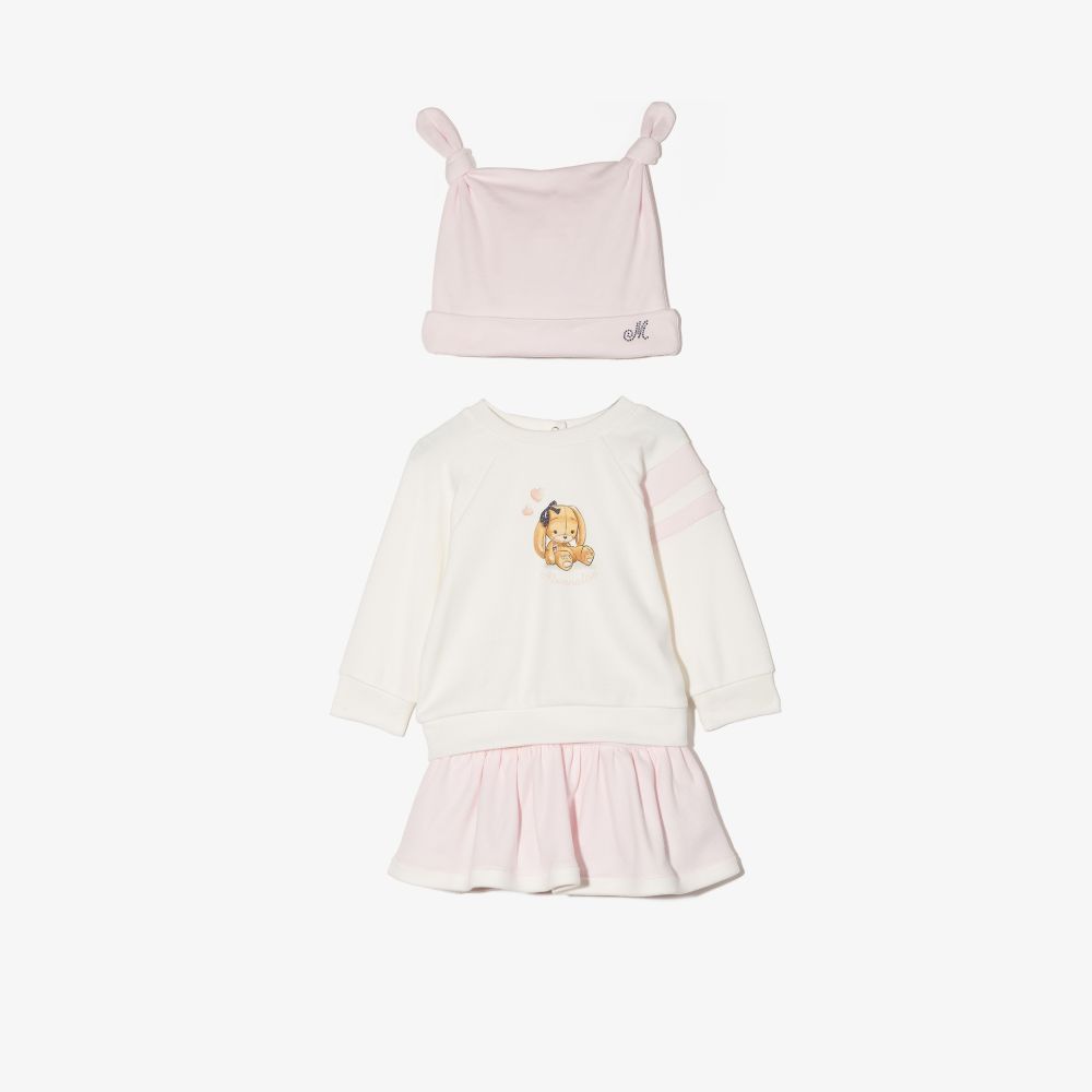 Click to view more detailed imagery on our partner's website Monnalisa Pink Baby Printed Hat, Top And Skirt Set