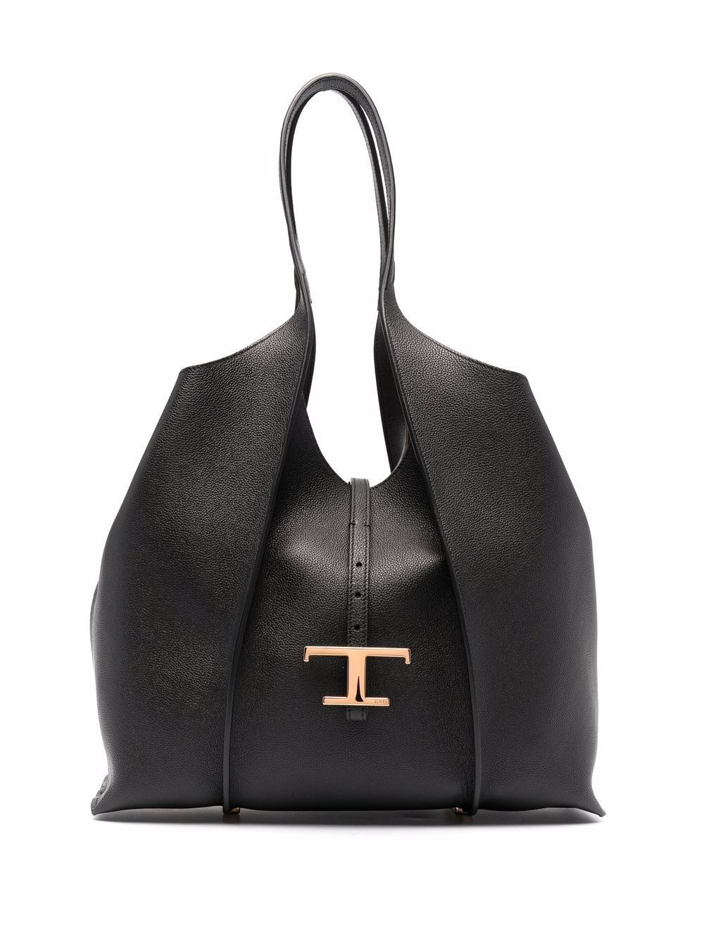 Black Logo Plaque Leather Tote Bag