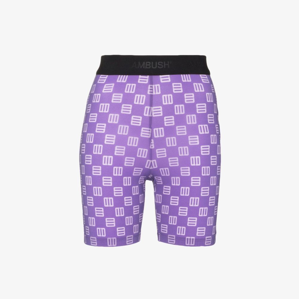 Ambush Monogram-print Branded-waistband Stretch-woven Cycling Shorts In Purple
