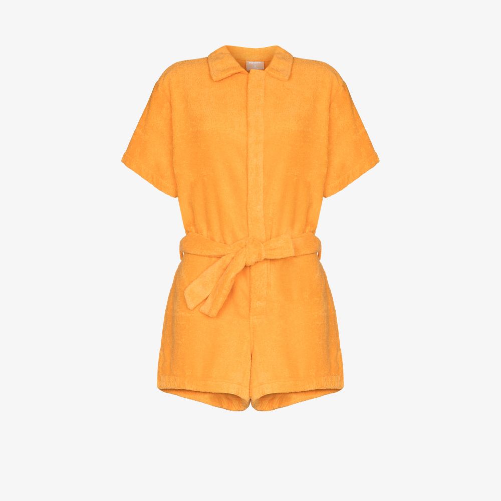 Terry Short Sleeve Belted Playsuit In Orange