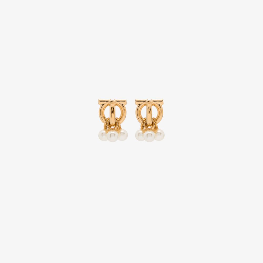 Ferragamo Gold Tone Gancini Pearl Stud Earrings In Gold