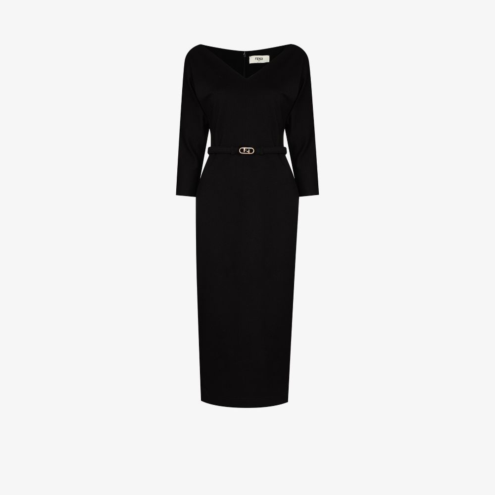 Fendi Belted V-neck Wool-blend Midi Dress In Black | ModeSens