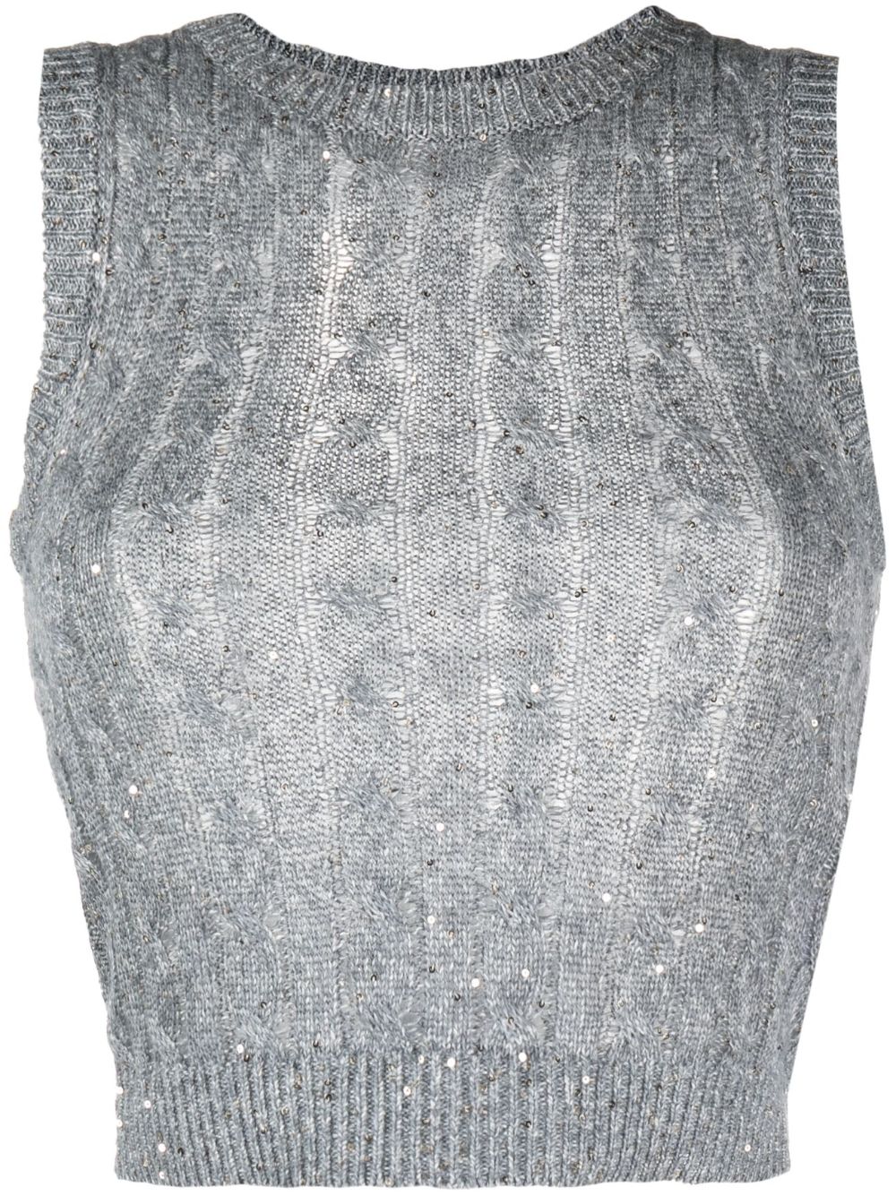 Brunello Cucinelli Cropped Sequin-embellished Cable-knit Linen-blend Vest In Blue