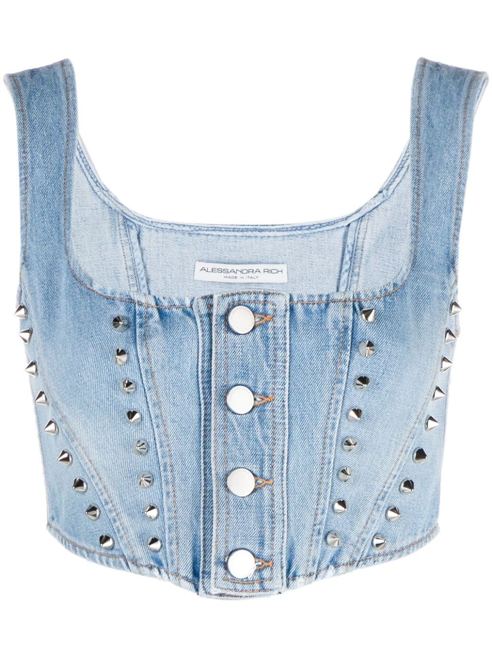 Alessandra Rich Studded Cropped Denim Corset Top In Blue