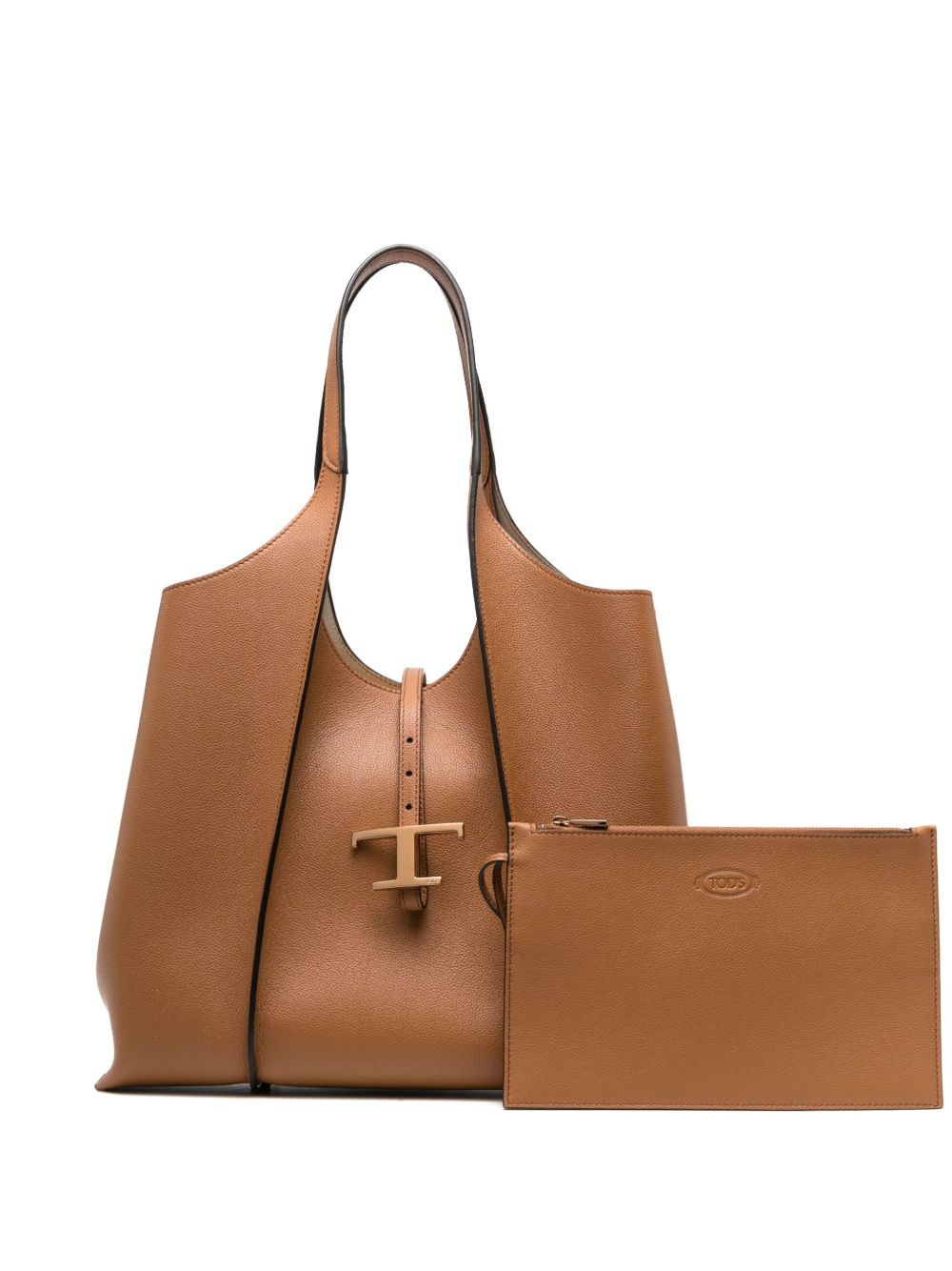 Brown T Timeless Medium Leather Tote Bag