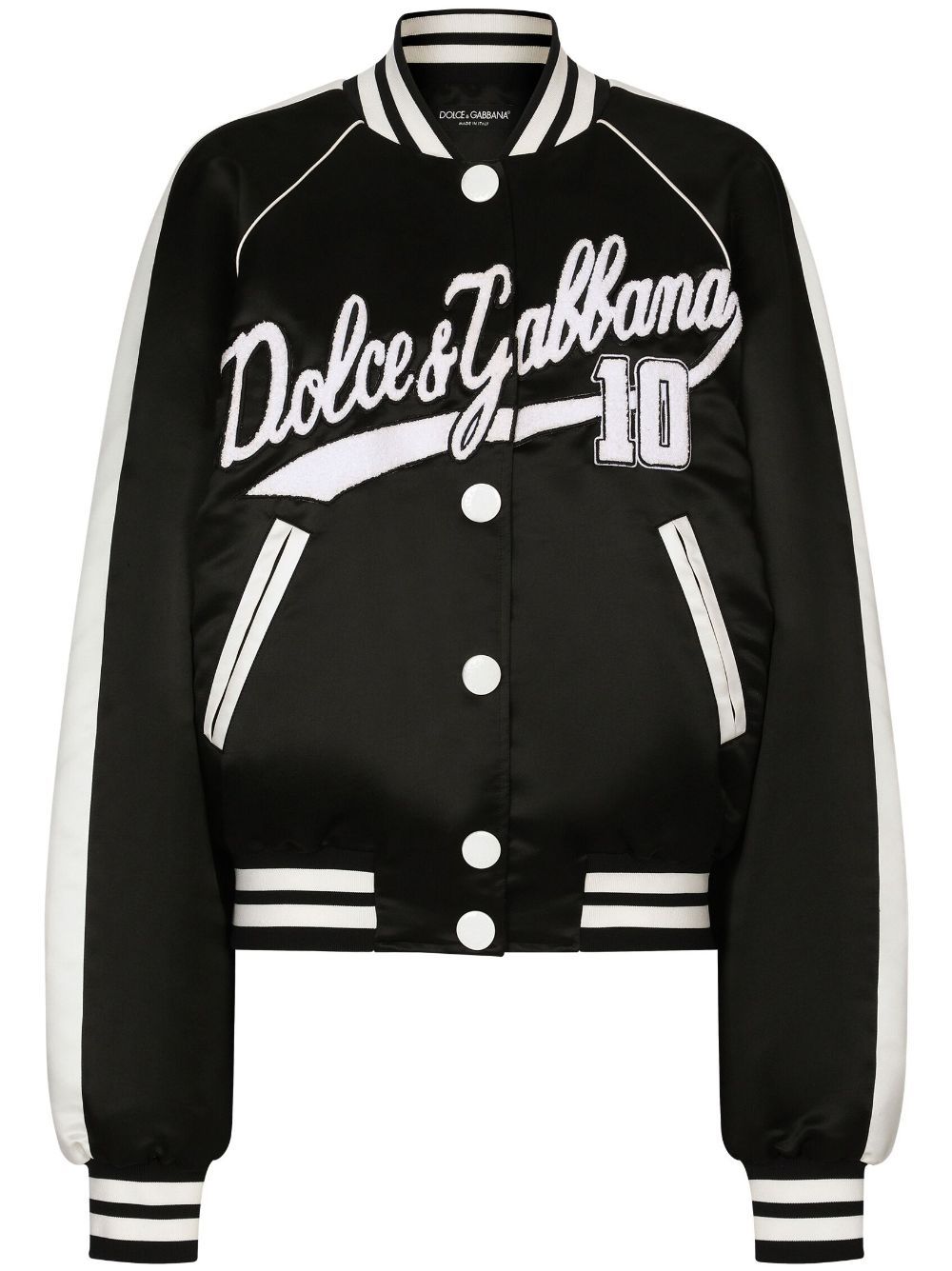 Dolce & Gabbana Satin Varsity Bomber Jacket With Dolce&gabbana Embroidery In Black