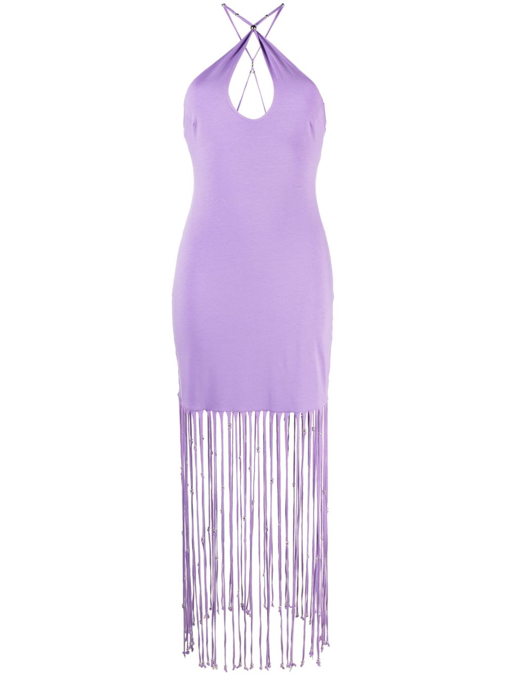 Rotate Birger Christensen Fringe-trimmed Jersey Maxi Dress In Purple