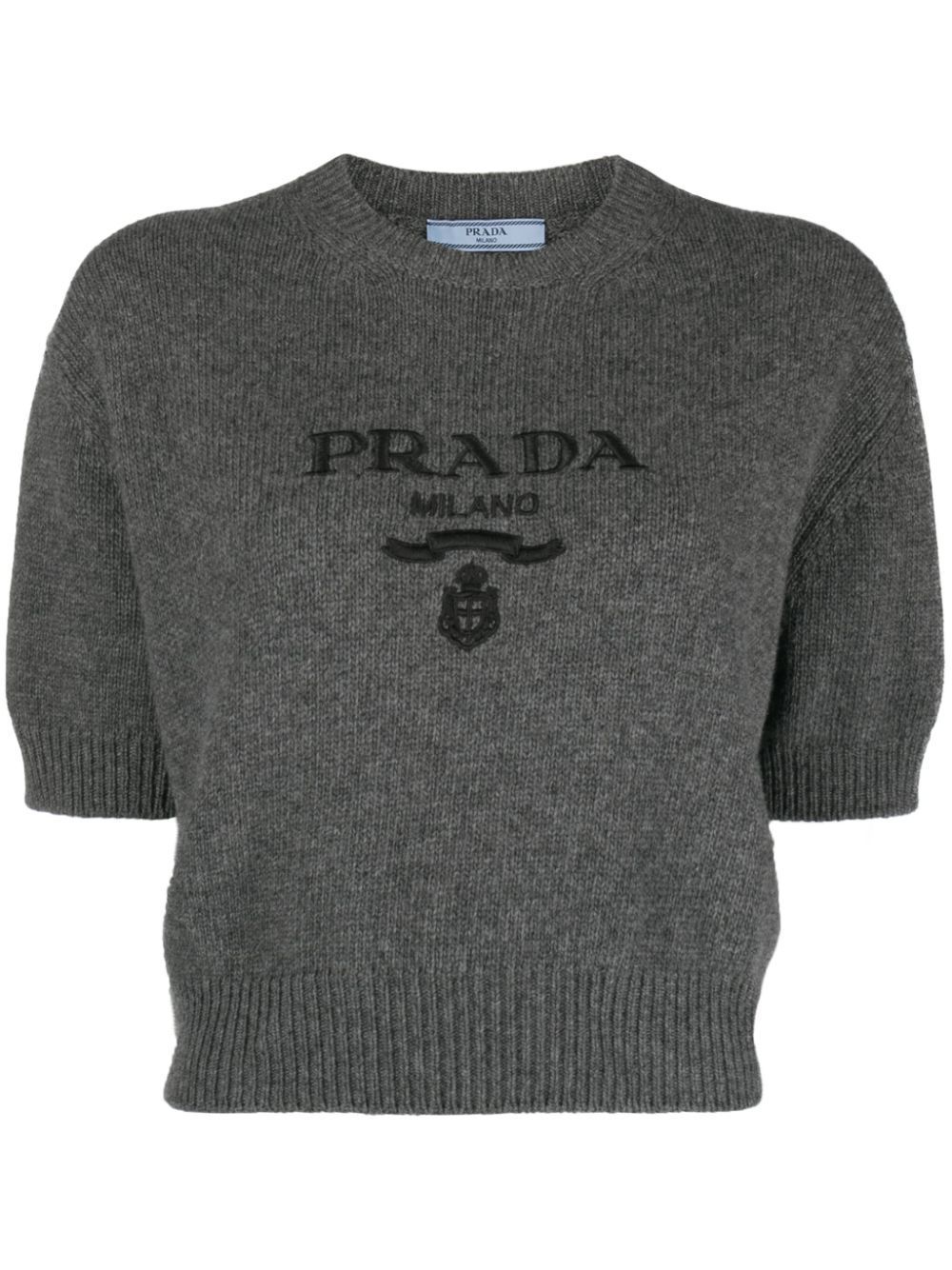 Shop Prada Logo-intarsia Cropped Wool Jumper - Women's - Wool/cashmere In Grey