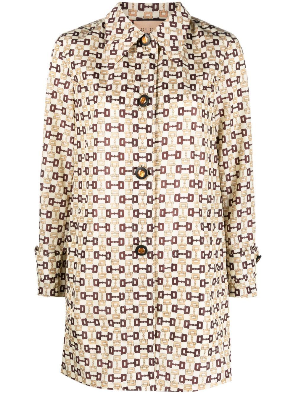 Shop Gucci Single-breasted Horsebit-print Coat - Women's - Polyamide In Neutrals