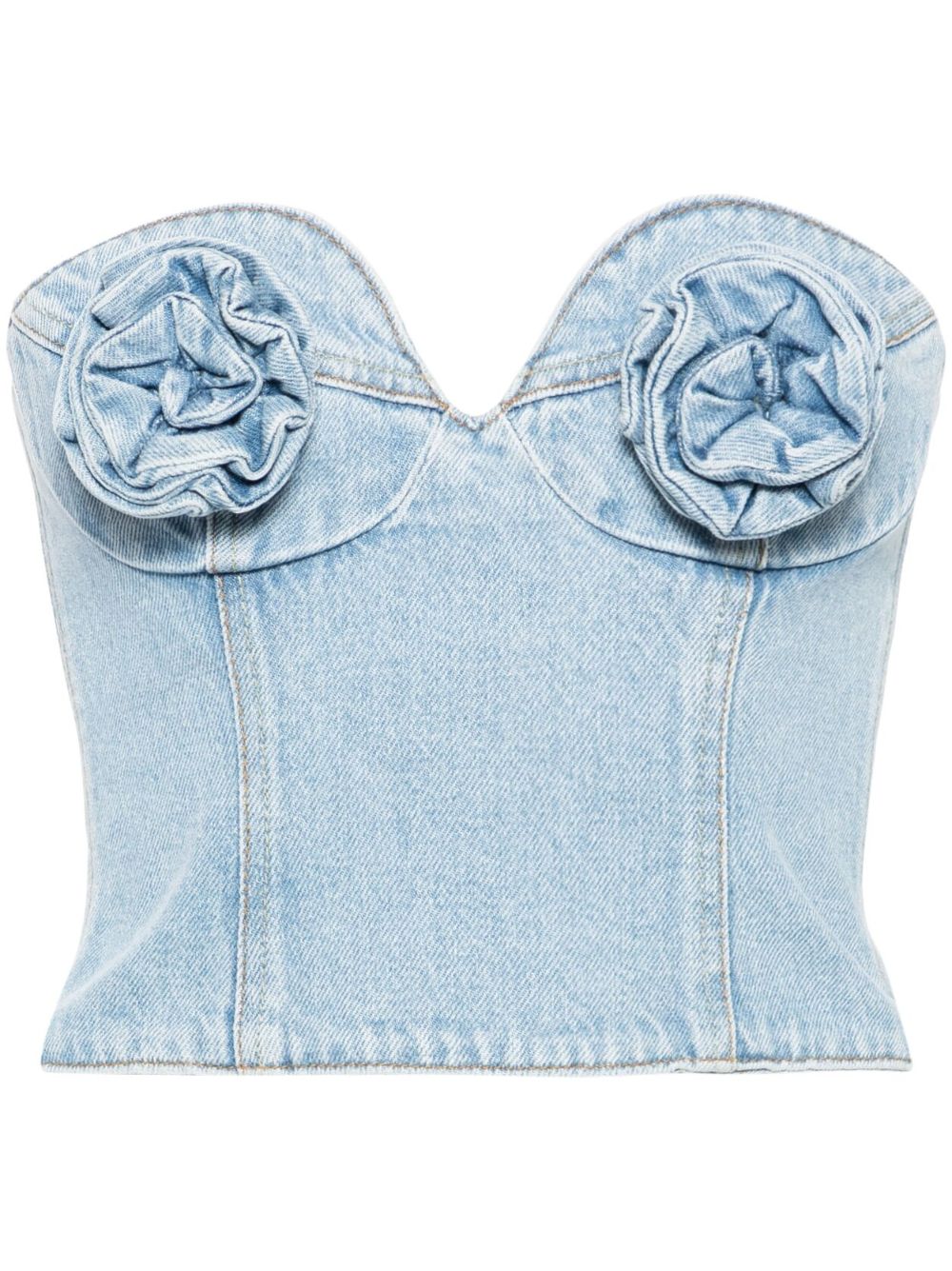 Blue Floral-Appliqué Denim Corset
