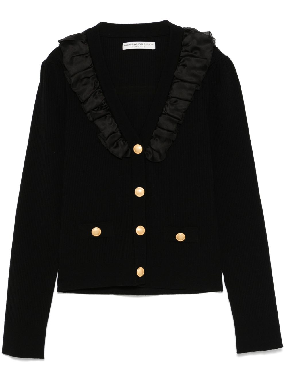 Alessandra Rich Wool Ruffle-trim Cardigan In Schwarz