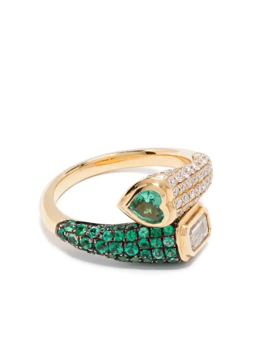 18K Yellow Gold Mixed Bypass Diamond And Emerald Pinky Ring