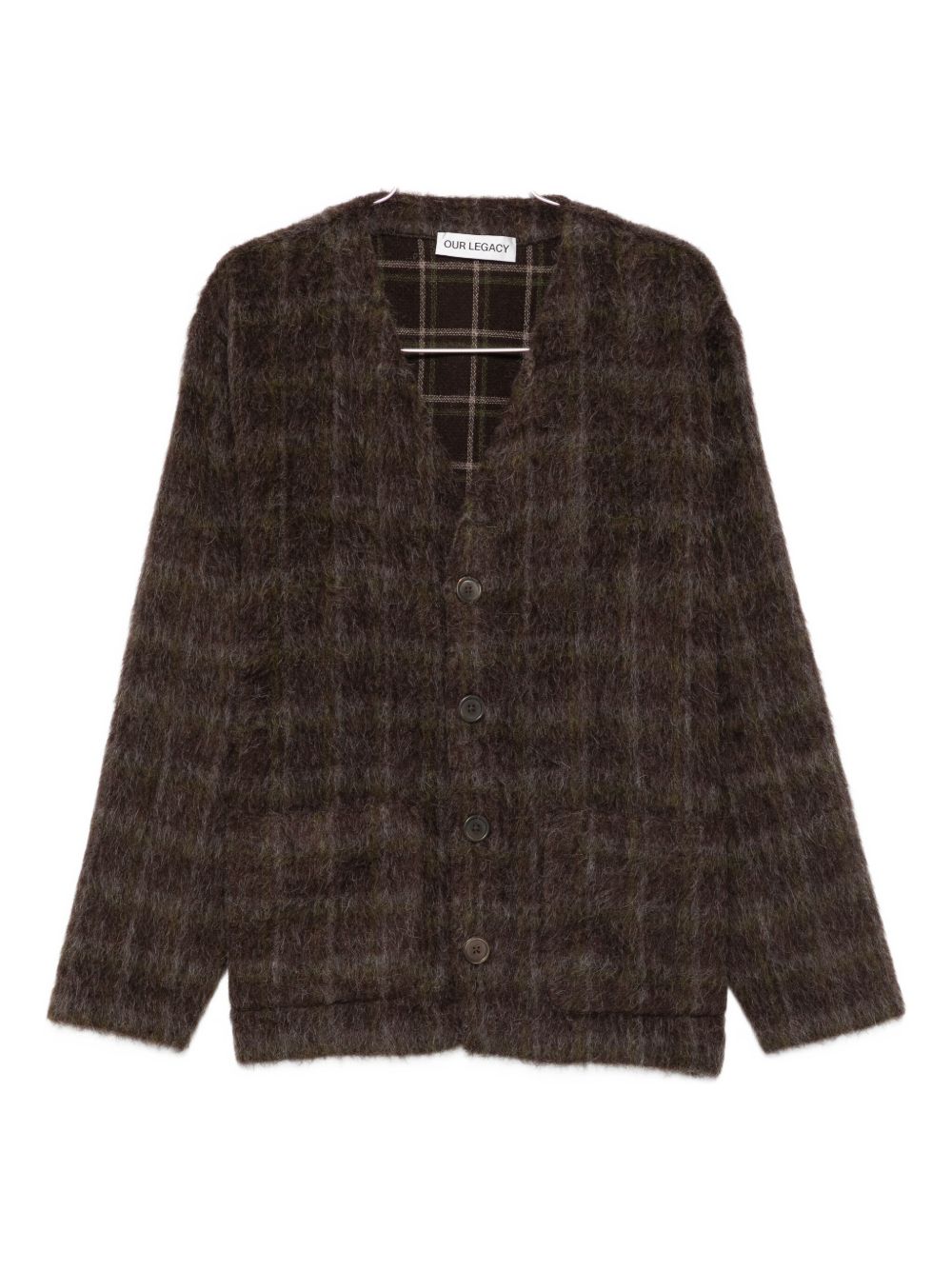 Our Legacy Embroidered Wool Blend V-neck Cardigan With Front Pockets In Brown