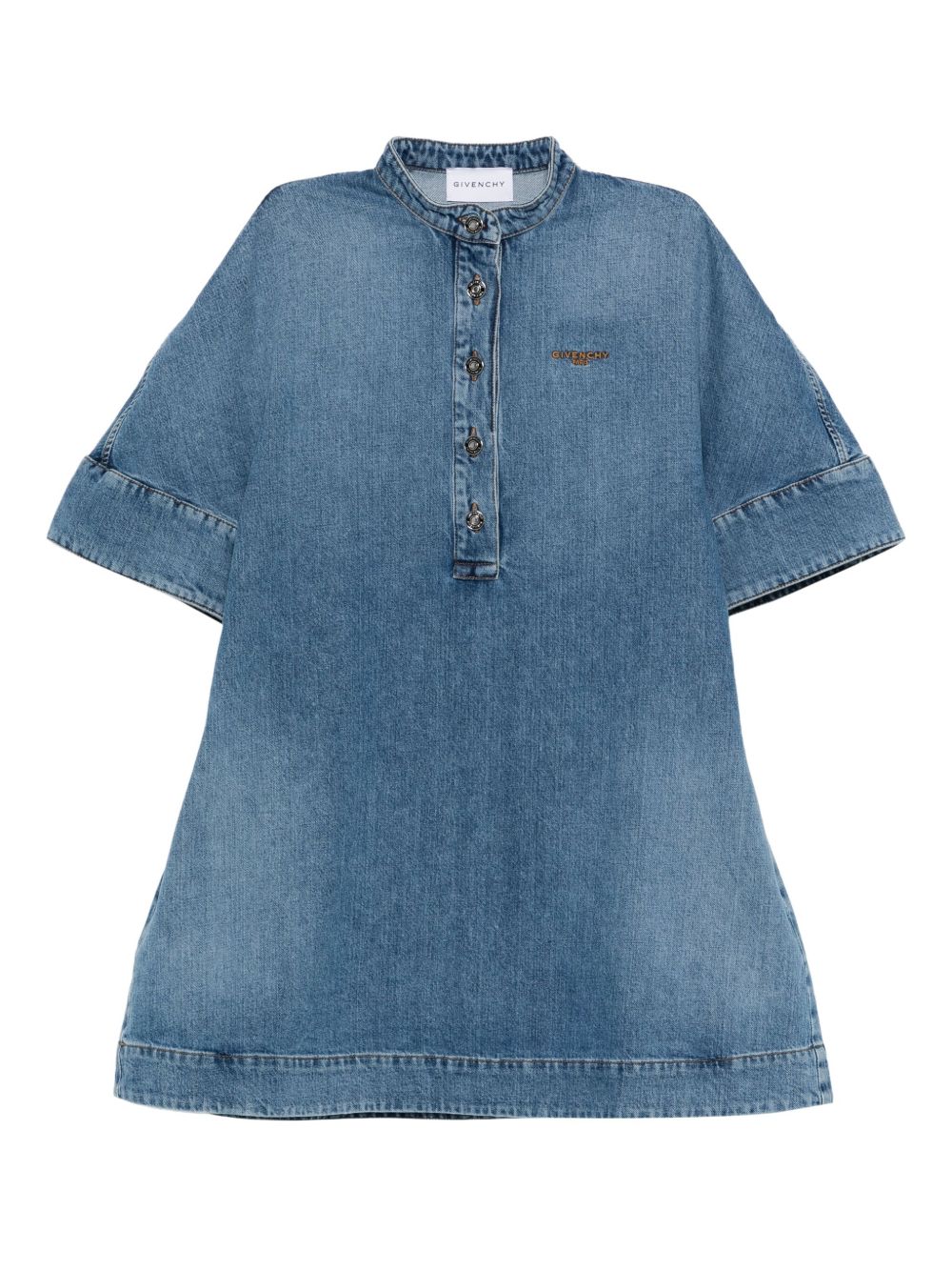 Embroidered Button-Placket Mini Dress