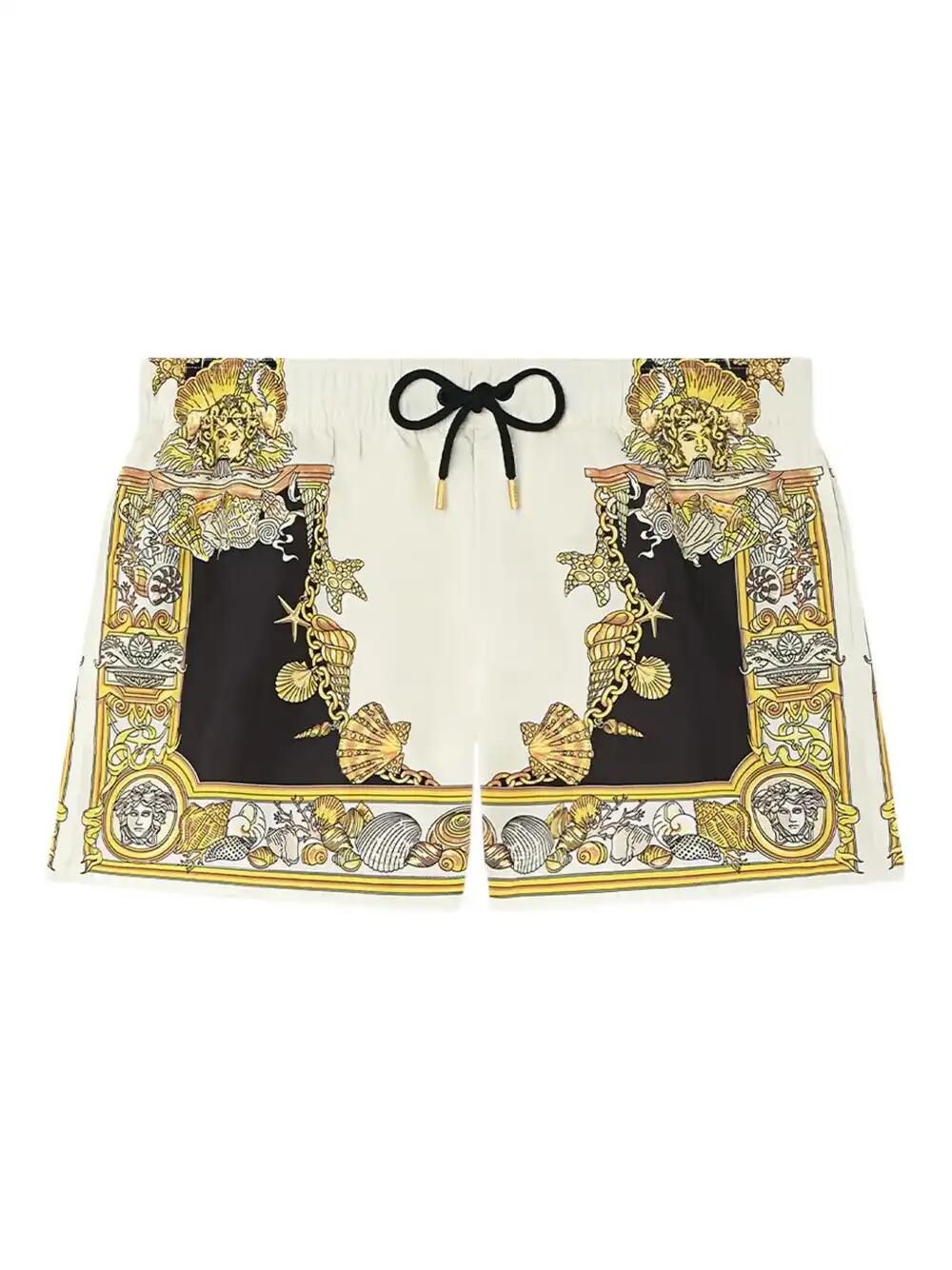 Versace Mid-length Swim Shorts With Decorative Print And Elastic Waistband In Multi