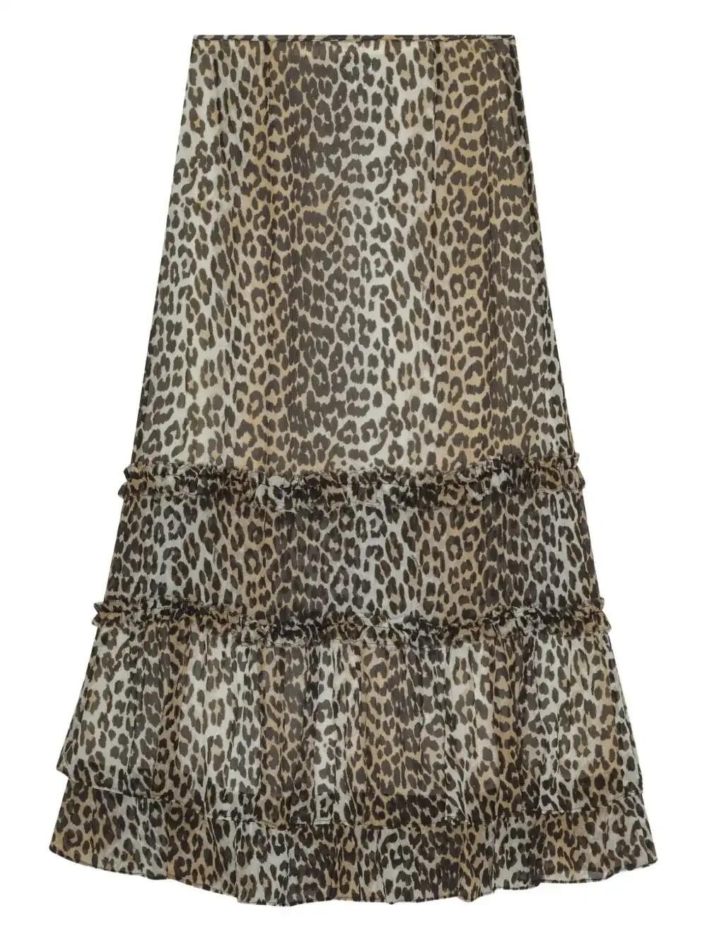 Ganni Animal Print Flared Layered Leopard Skirt