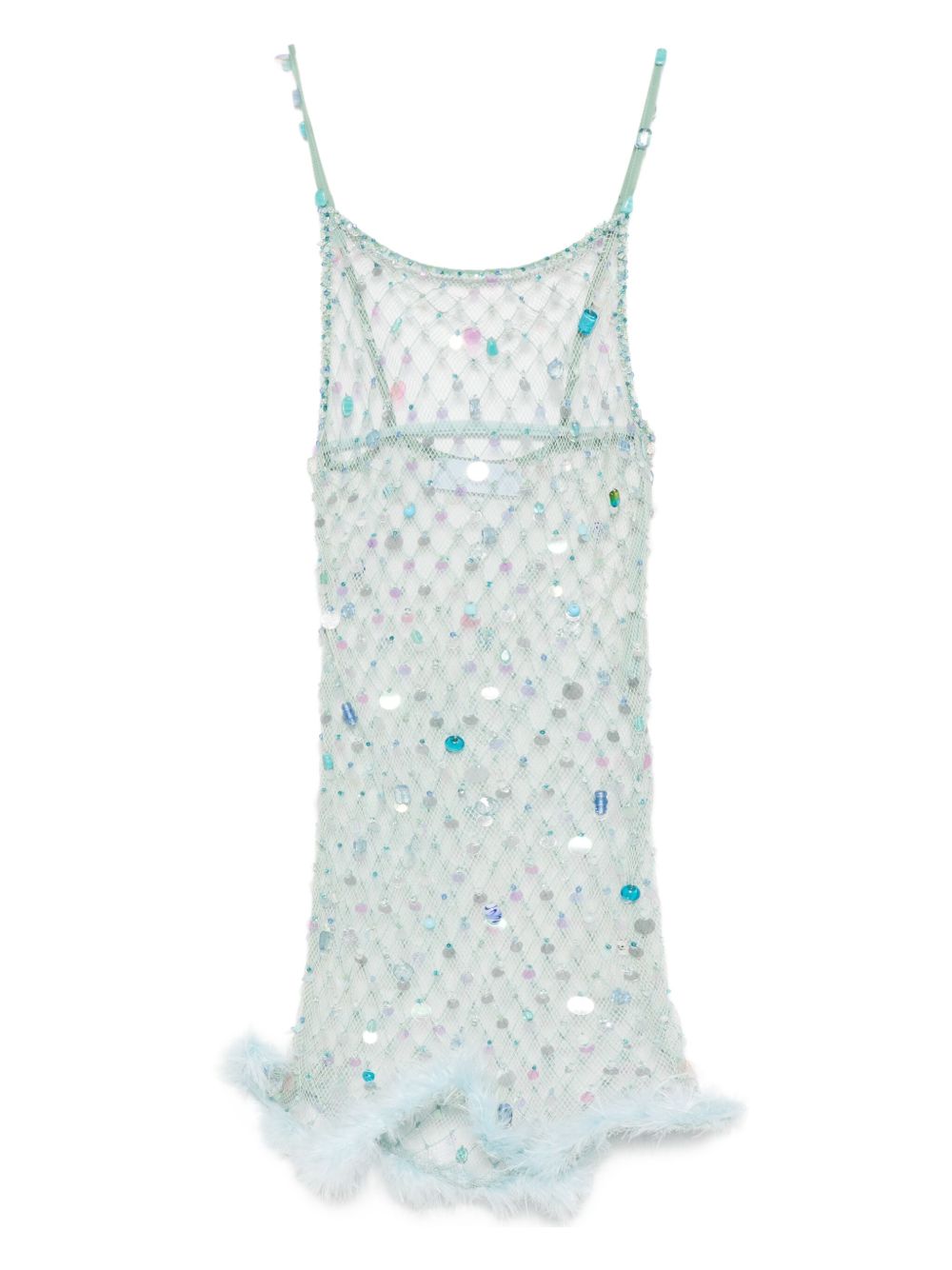 Feather-Detail Fishnet Mini Dress