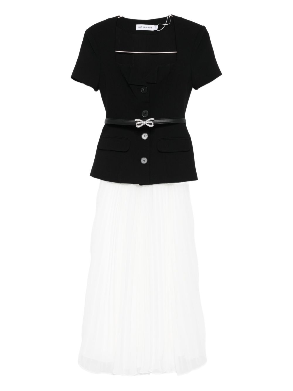 Self-portrait Embellished Belted Crepe And Pleated Chiffon Midi Dress In Black