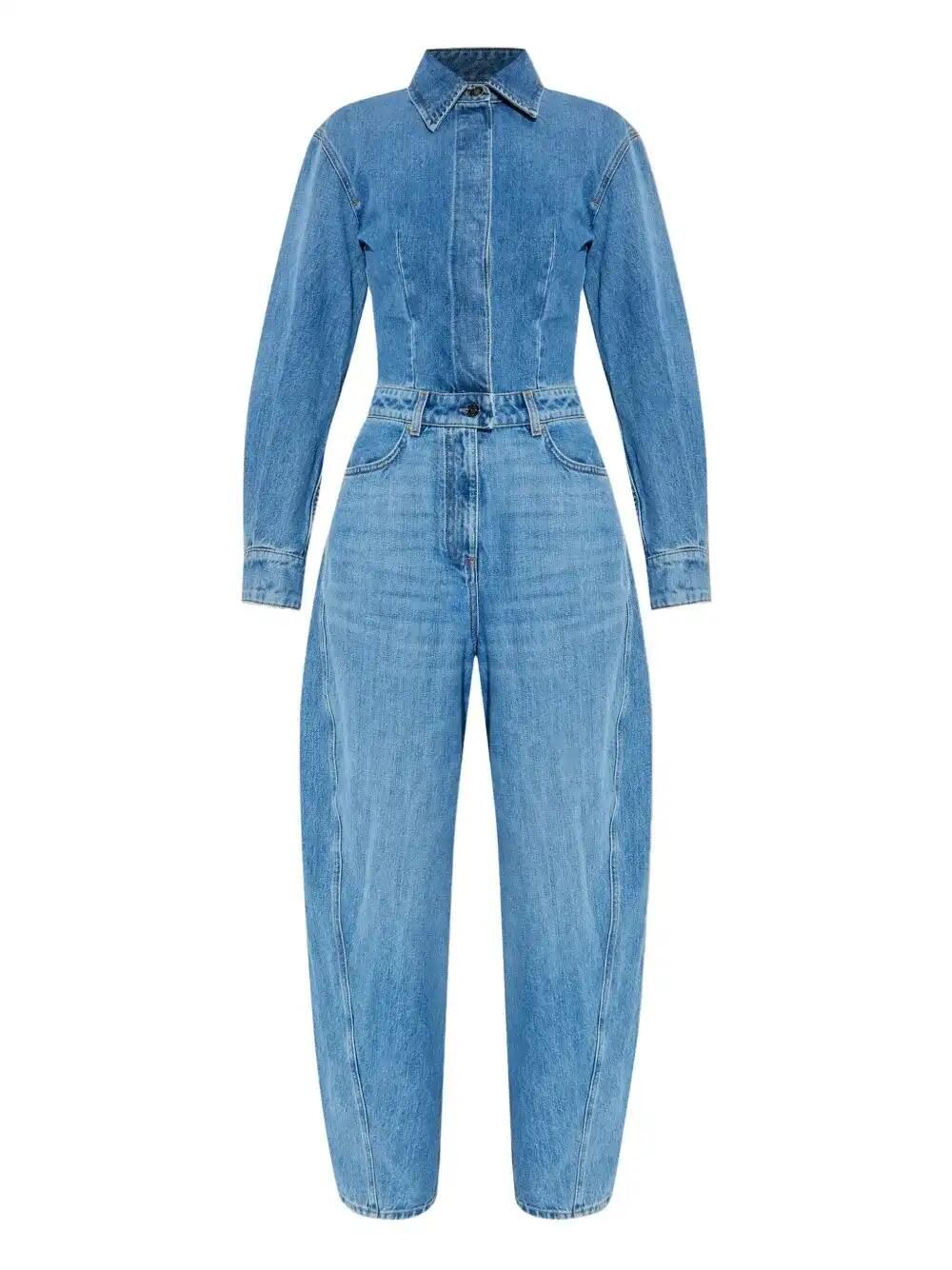 Denim Shirt-Collar Jumpsuit