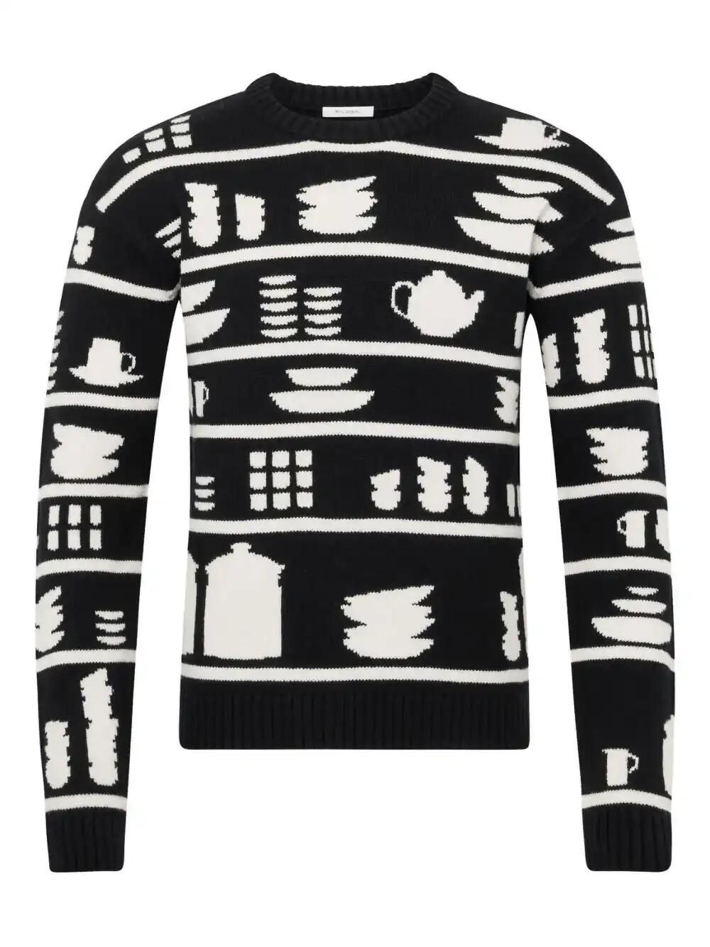 Tableware-Pattern Crew-Neck Sweater