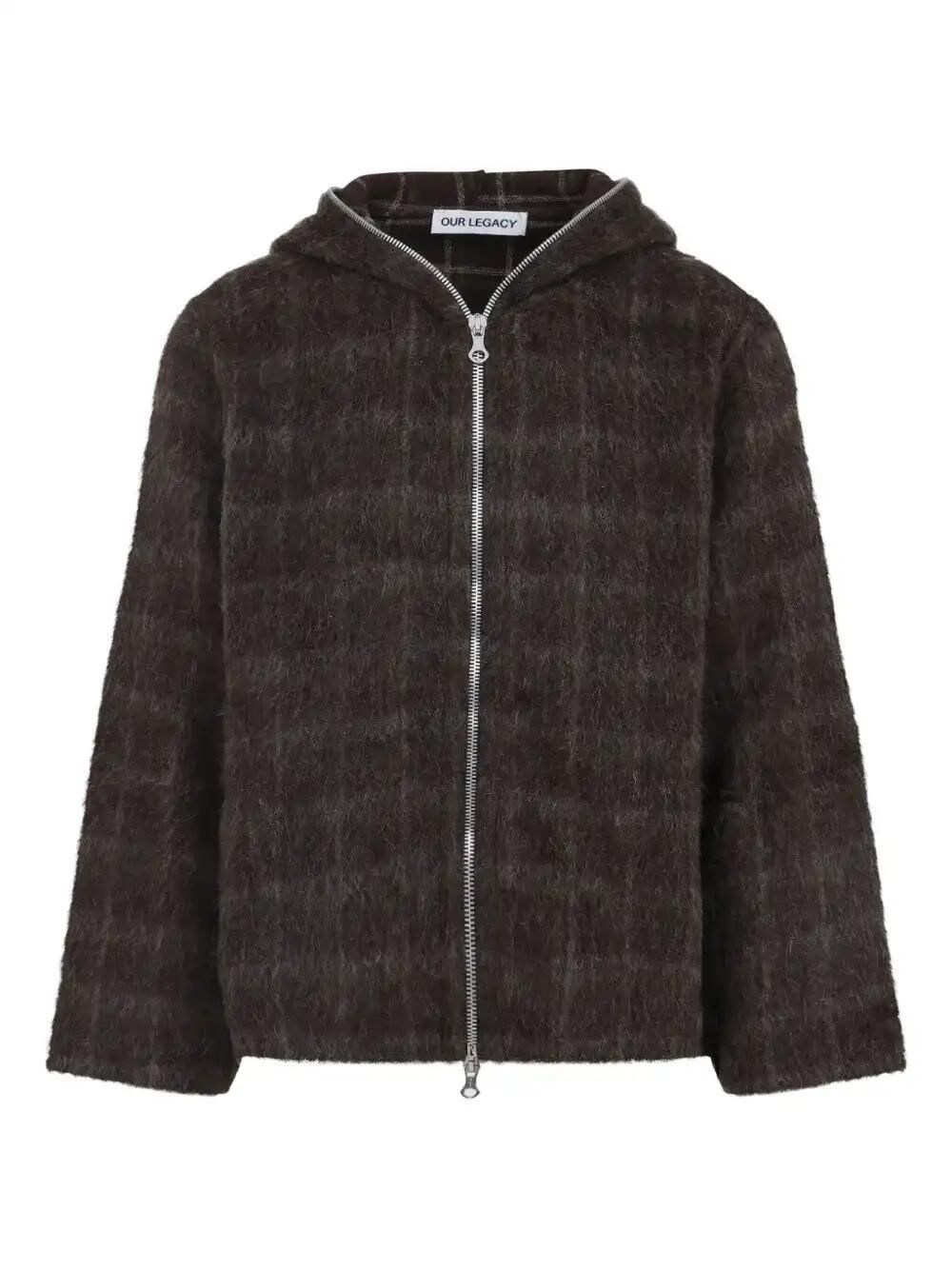 Check-Pattern Wool Zip-Up Hoodie