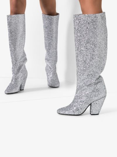 silver glitter knee high boots